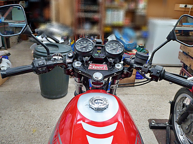 Rear view of Verlicchi clip-on swan neck bars fitted to a 1986 K2.